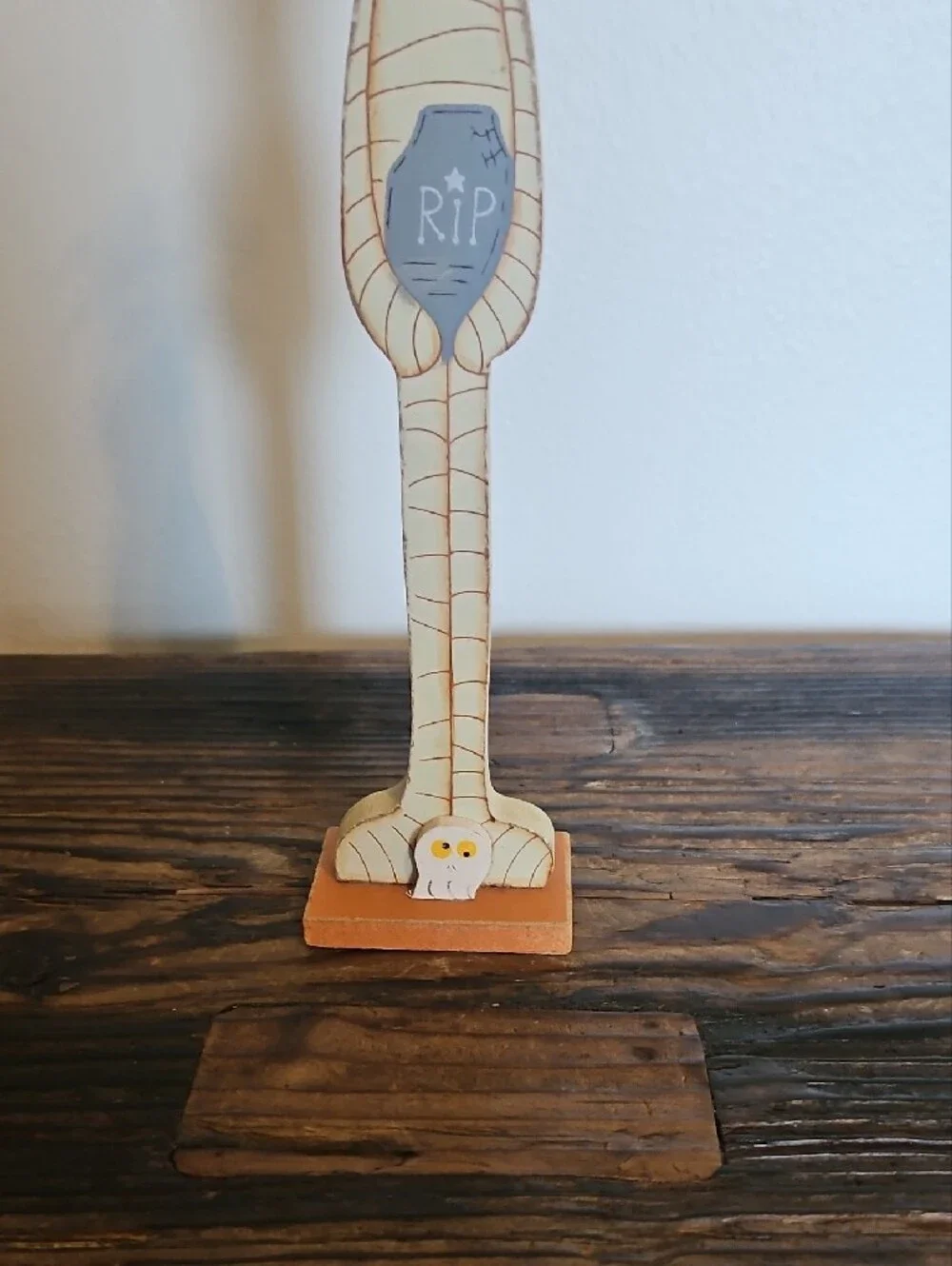 Decorative Cream Mummy Figurine with Black Bat Accent - Home Art